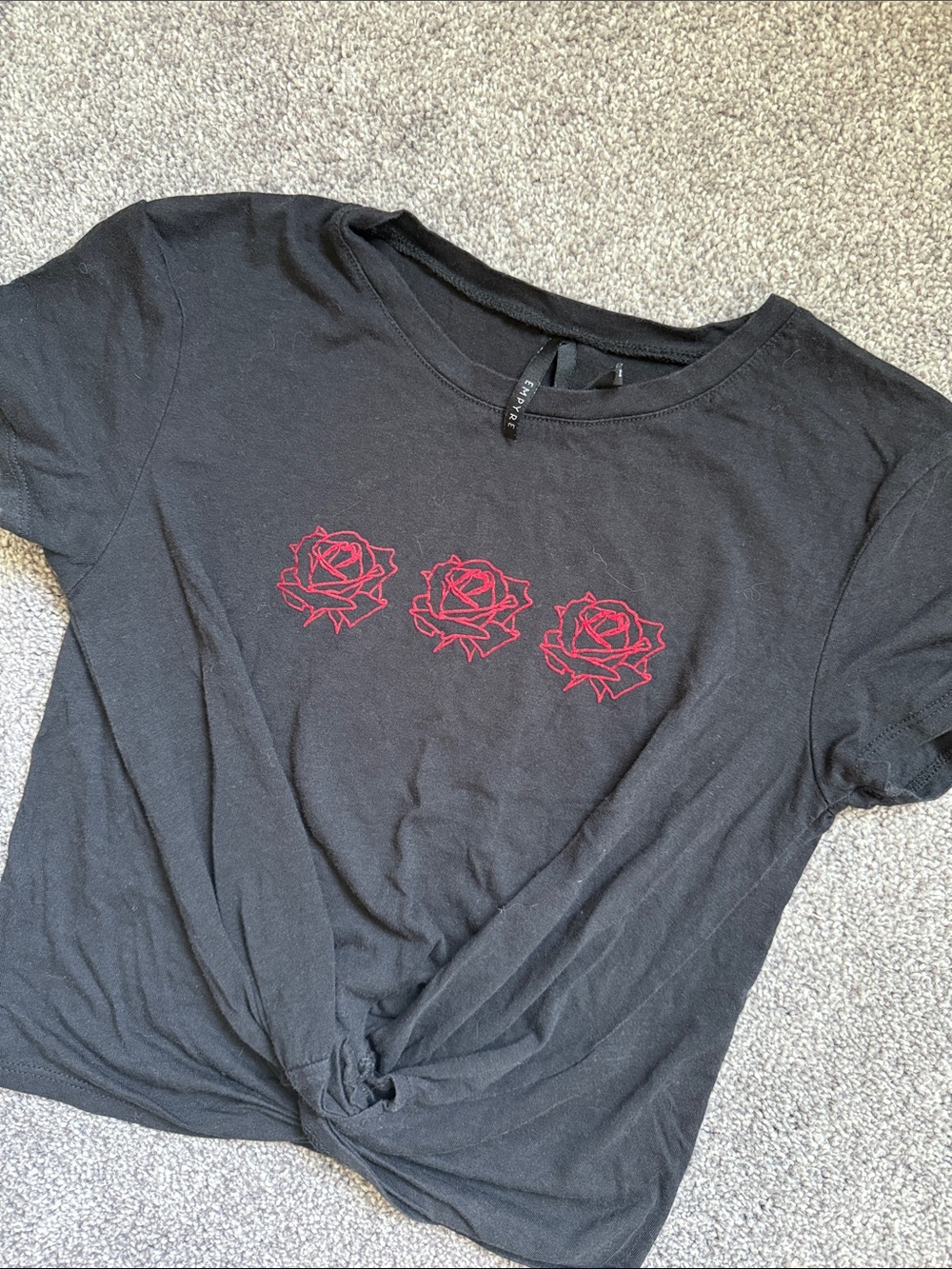 Empyre Black Crop Top with Red Rose Embroidery